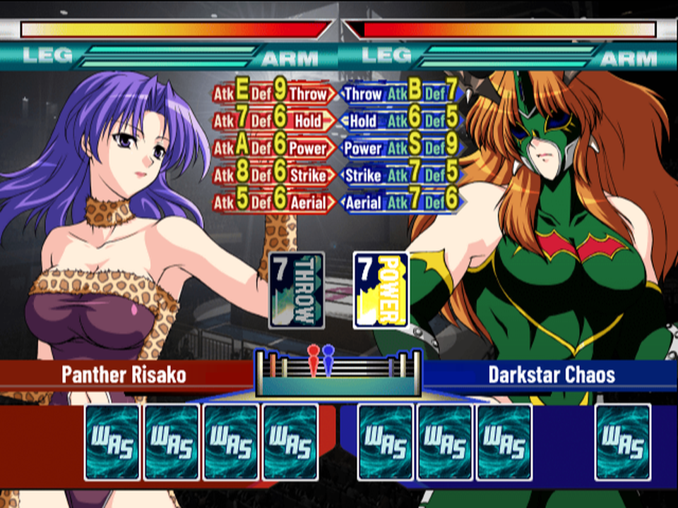 A singles match: both corners' ratings in the middle, the two cards just played, and the hands of face-down cards below