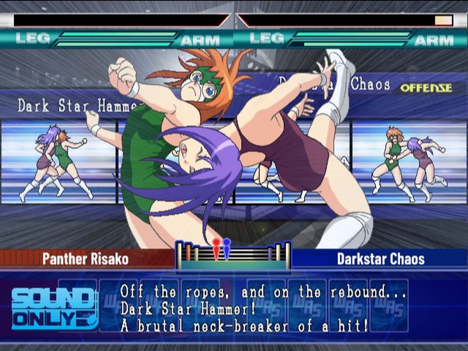 Darkstar Chaos hits the Dark Star Hammer on Panther Risako, whose health bar is almost empty