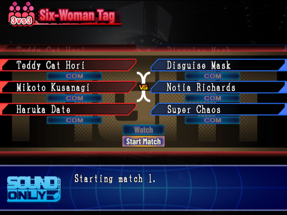 The match card before a six-woman tag: each wrestler has a COM box under her name, with Watch and Start Match buttons