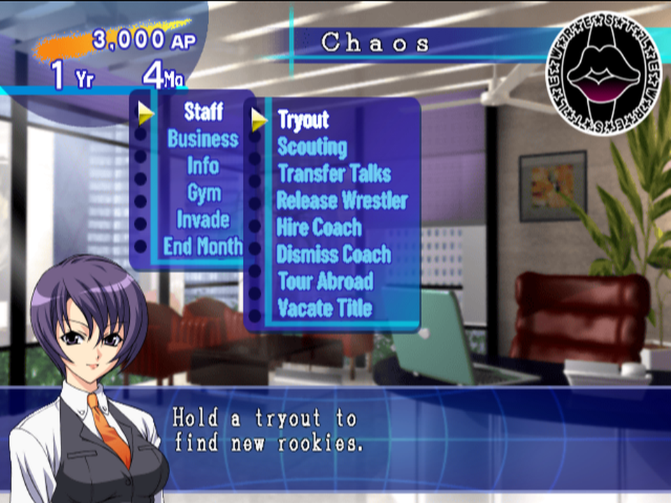 The office: the main menu with Staff open, showing Tryout, Scouting, Transfer Talks and more, with the help line at the bottom
