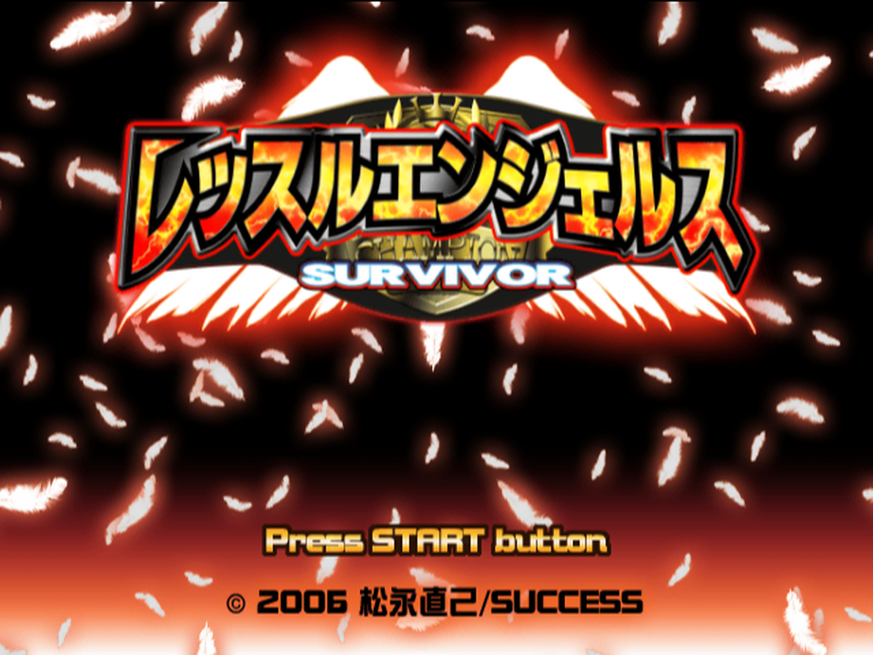 The title screen: the Wrestle Angels Survivor logo over falling feathers, Press START button