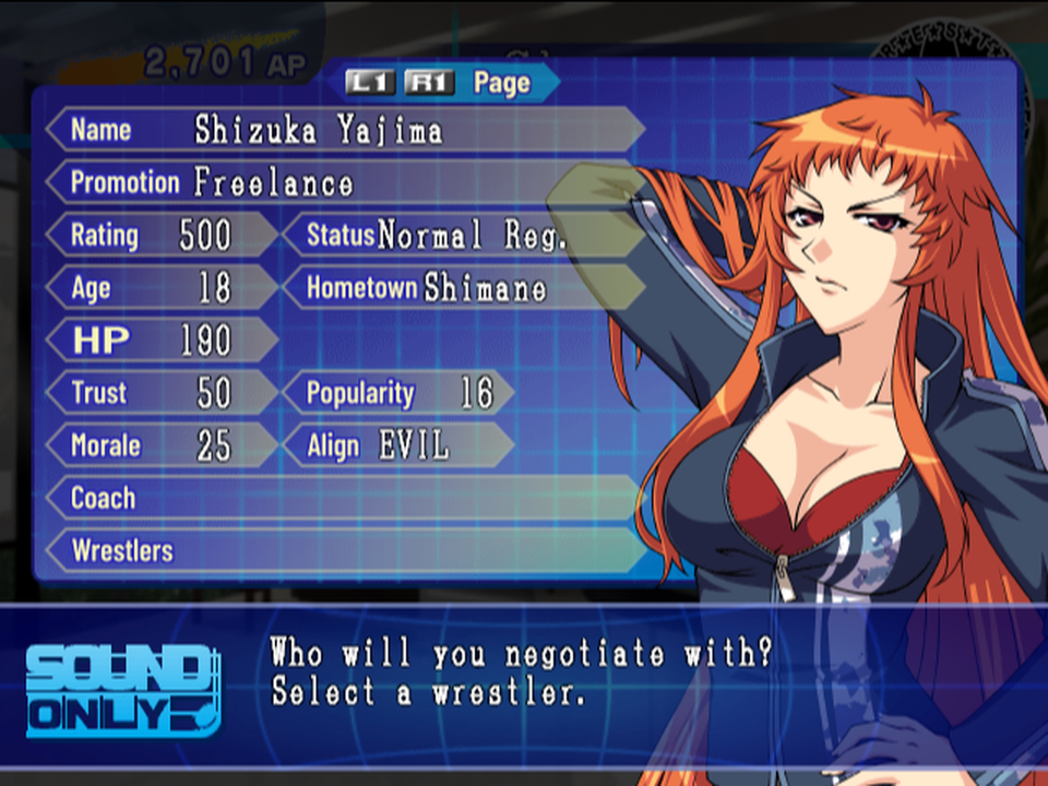 Shizuka Yajima's info page: promotion Freelance, rating 500, status Normal Reg., age 18, hometown Shimane, HP 190, trust 50, popularity 16, morale 25, alignment EVIL